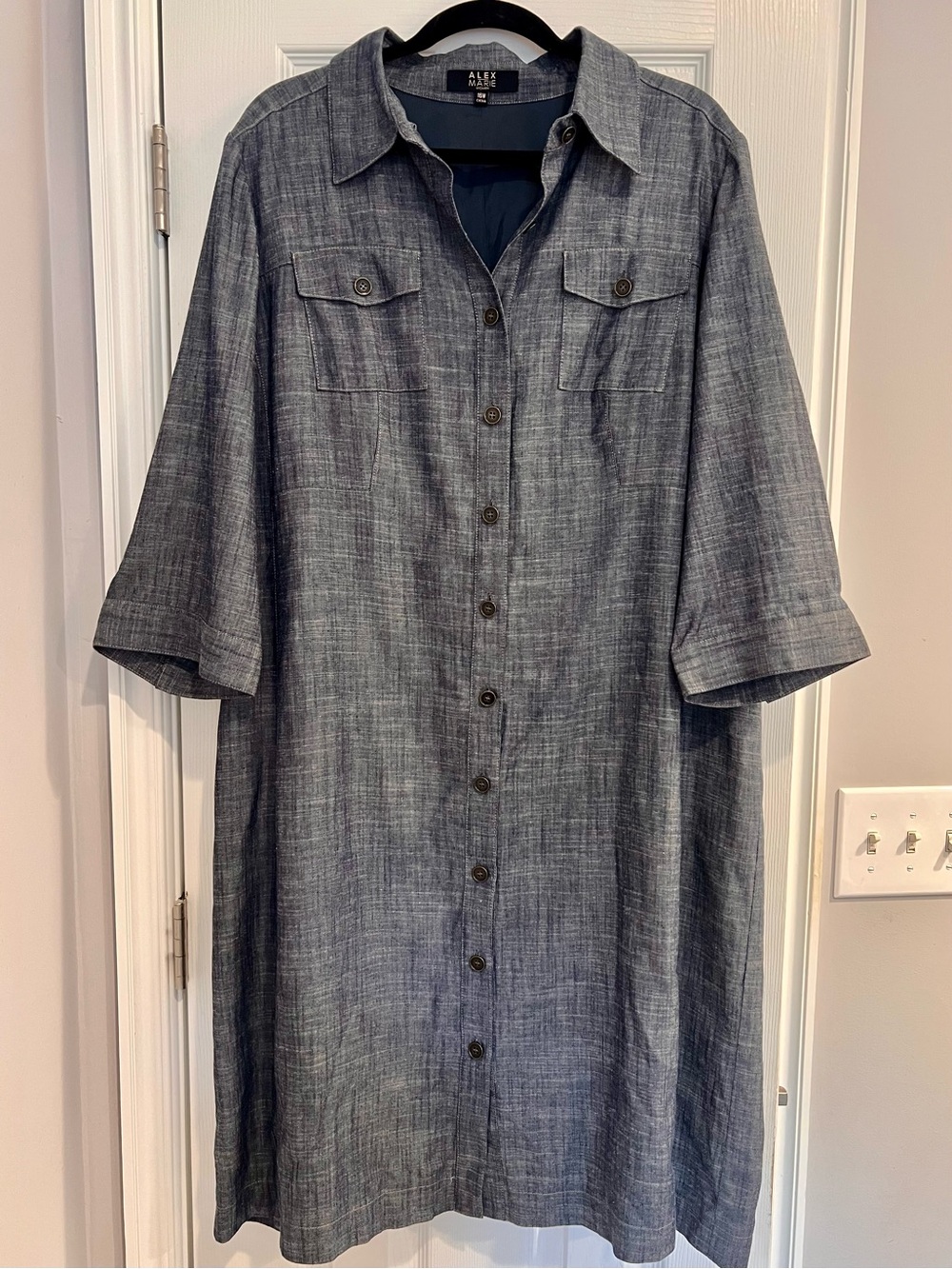 Alex Marie Blue Chambray Denim Breathable Linen Tencel Buttoned Midi Shirt Dress